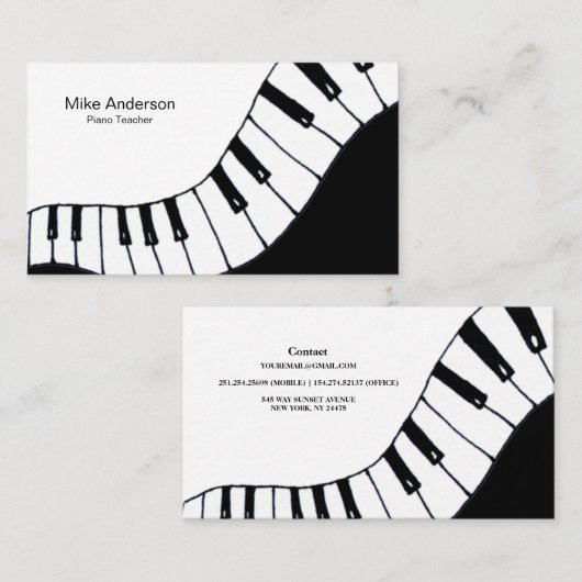 Modern Black and White Piano Teacher Visitekaartje (Voorkant / Achterkant)