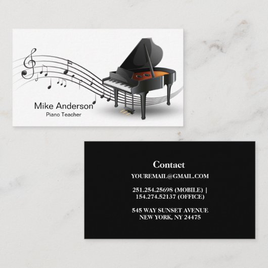 Modern Black and White Piano Teacher Visitekaartje (Voorkant / Achterkant)