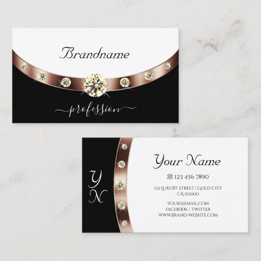 Modern Black and White Rose Gold met monogram Visitekaartje (Voorkant / Achterkant)