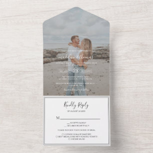 Modern Black and White Script Photo RSVP Wedding All In One Uitnodiging