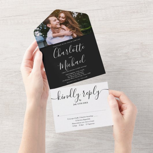 Modern Black and White Script Photo Wedding All In One Uitnodiging (Afscheurbaar)