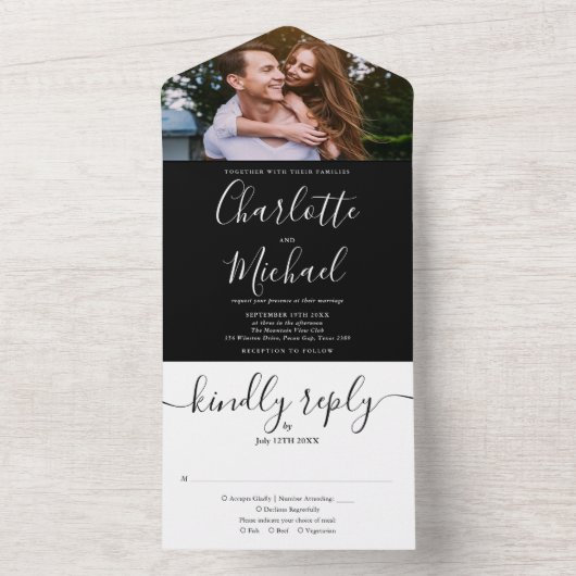 Modern Black and White Script Photo Wedding All In One Uitnodiging (Binnen)