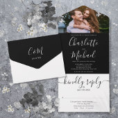 Modern Black and White Script Photo Wedding All In One Uitnodiging
