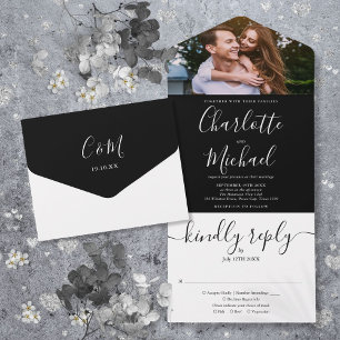 Modern Black and White Script Photo Wedding All In One Uitnodiging