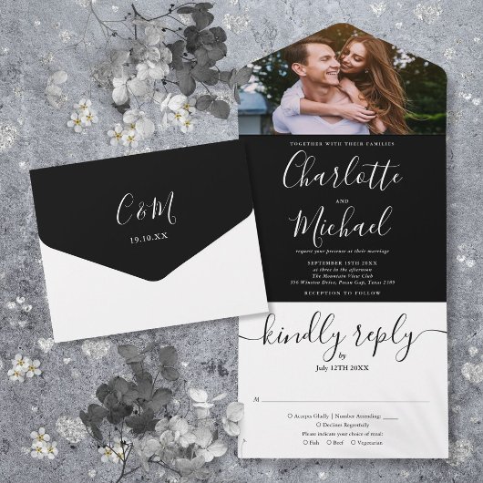 Modern Black and White Script Photo Wedding All In One Uitnodiging