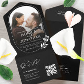 Modern Black and White Script Photo Wedding All In One Uitnodiging