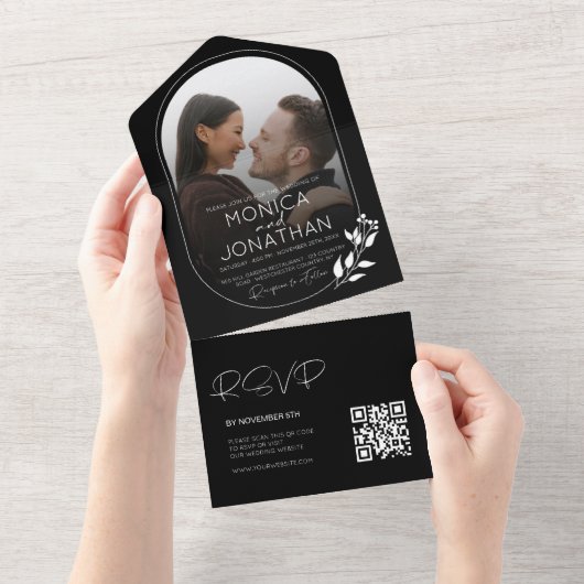 Modern Black and White Script Photo Wedding All In One Uitnodiging (Afscheurbaar)