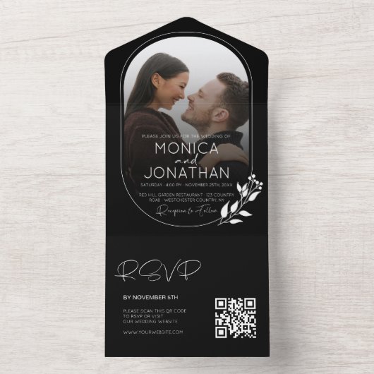 Modern Black and White Script Photo Wedding All In One Uitnodiging (Binnen)