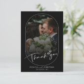 Modern Black and White Script Photo Wedding Bedankkaart (Staand voorkant)