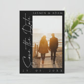 Modern Black and White Script Photo Wedding Save The Date (Staand voorkant)