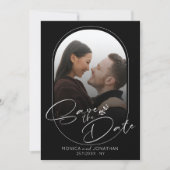 Modern Black and White Script Photo Wedding Save The Date (Voorkant)