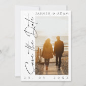 Modern Black and White Script Photo Wedding Save The Date (Voorkant)