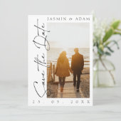 Modern Black and White Script Photo Wedding Save The Date (Staand voorkant)