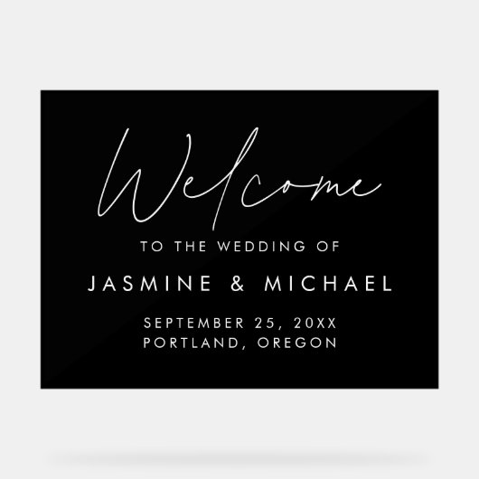 Modern Black and White Script Weddenschap Welkom Acryl Bord (Voorkant)