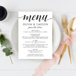 Modern Black and White Script Wedding Menu<br><div class="desc">Moderne en chique zwart-wit bruiloft menukaarten zijn voorzien van een stijlvol zwart typografisch ontwerp met gewaagde kalligrafie script accenten en elegante aangepaste tekst die kan worden gepersonaliseerd met uw heerlijke diner menu details en een monogram van de bruid en bruidegom namen en bruiloft datum.</div>