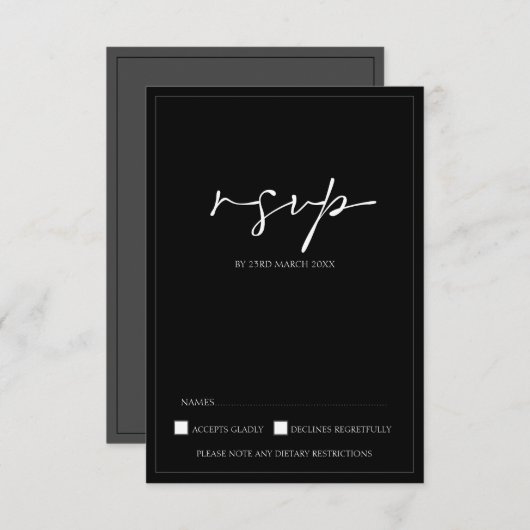 Modern Black and White Script Wedding RSVP Kaart (Voorkant / Achterkant)