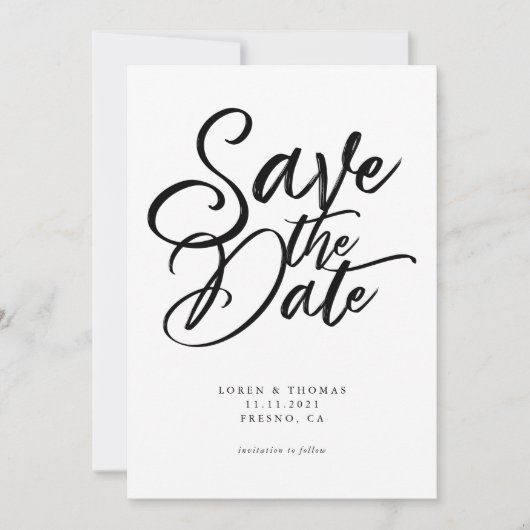 Modern Black and White Script Wedding Save The Date (Voorkant)