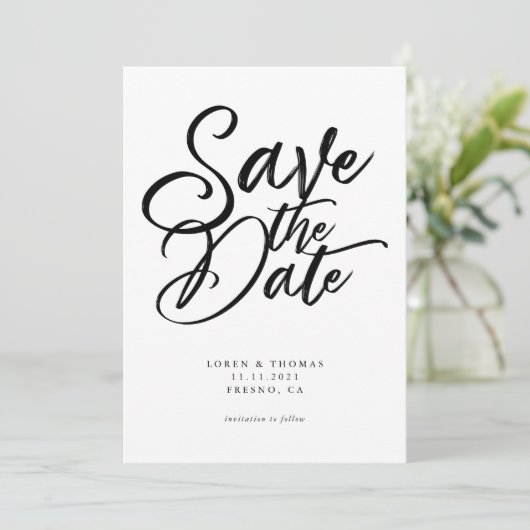 Modern Black and White Script Wedding Save The Date (Staand voorkant)