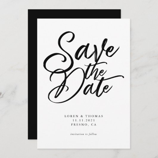 Modern Black and White Script Wedding Save The Date (Voorkant / Achterkant)