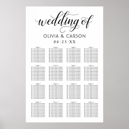 Modern Black and White Script Wedding Seating Seat Poster (Voorkant)