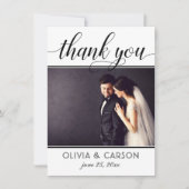 Modern Black and White Script Weduwfoto Bedankkaart (Voorkant)