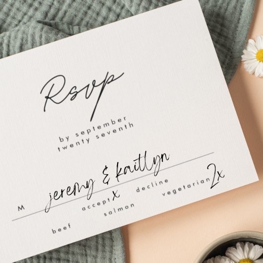 Modern Black and White Simple Text Wedding RSVP Kaartje