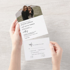 Modern Black and White Simple Weddenfoto All In One Uitnodiging