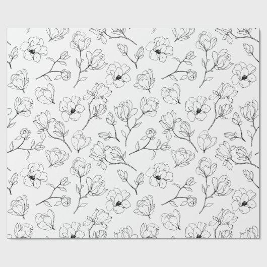 Modern Black and White Sketched Floral Cadeaupapier (Vlak)