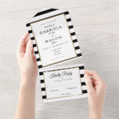 Modern Black and White Stripe Gold Wedding All In One Uitnodiging (Afscheurbaar)