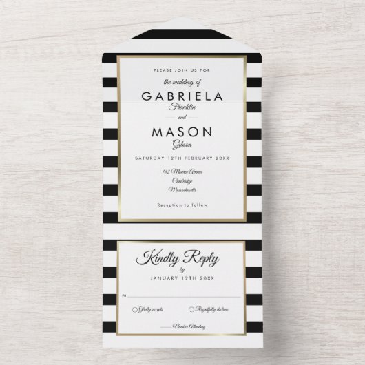 Modern Black and White Stripe Gold Wedding All In One Uitnodiging (Binnen)