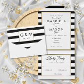 Modern Black and White Stripe Gold Wedding All In One Uitnodiging