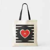 Modern Black and White Striped Red Heart Monogram Tote Bag (Voorkant)