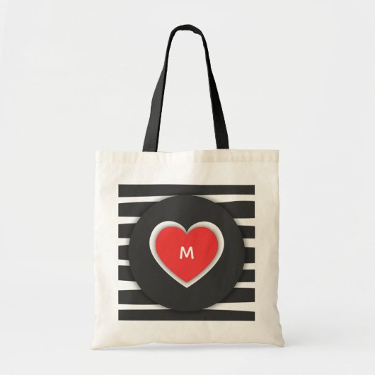 Modern Black and White Striped Red Heart Monogram Tote Bag (Voorkant)