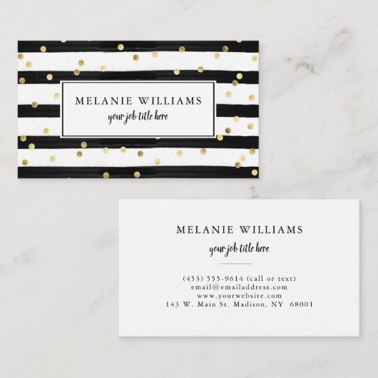Modern Black and White Stripes Gold Polka Dots Visitekaartje (Voorkant / Achterkant)