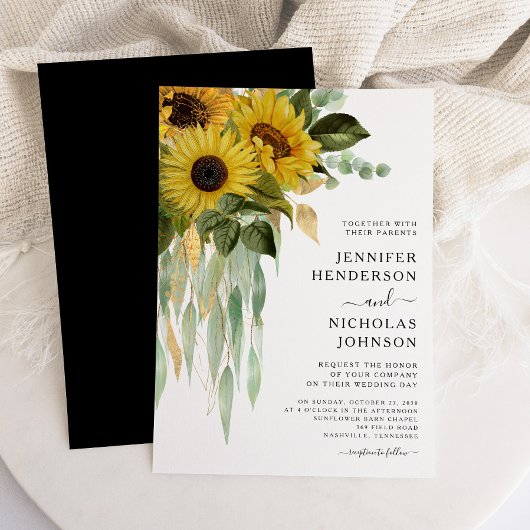 Modern Black and White Sunflower Wedding Kaart