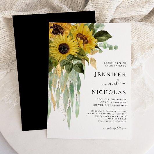 Modern Black and White Sunflower Wedding Kaart