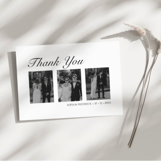 Modern Black and White Three Photo Wedding Bedankkaart