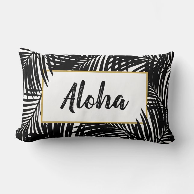 Modern Black and White Tropical Aloha Kussen (Voorkant)
