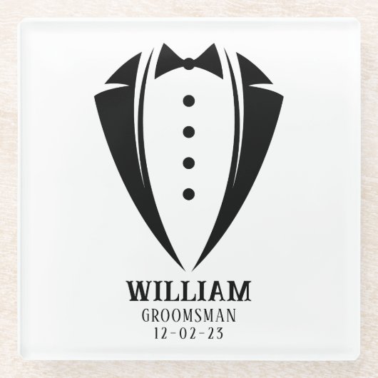 Modern Black and White Tuxedo Groomsman Gift Glazen Onderzetter (Voorkant)