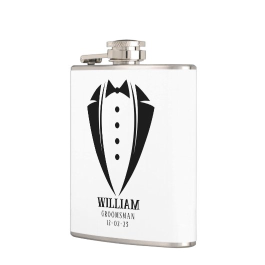 Modern Black and White Tuxedo Groomsman Gift Heupfles (Links)