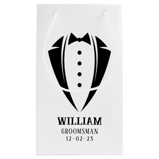 Modern Black and White Tuxedo Groomsman Gift Klein Cadeauzakje (Achterkant)