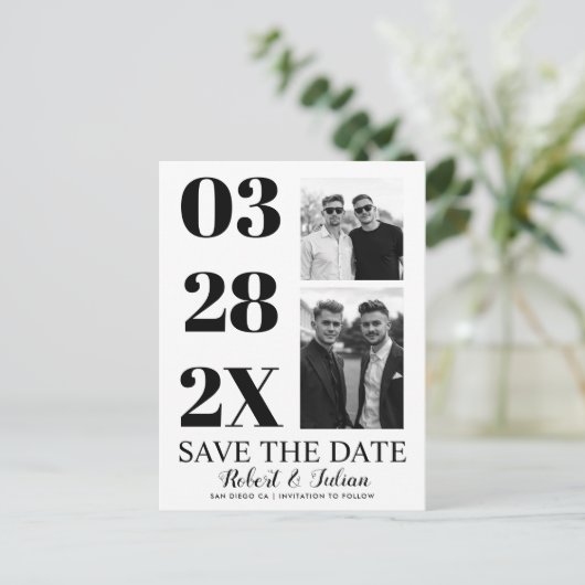 Modern black and white two photo gay Save the Date Briefkaart (Staand voorkant)