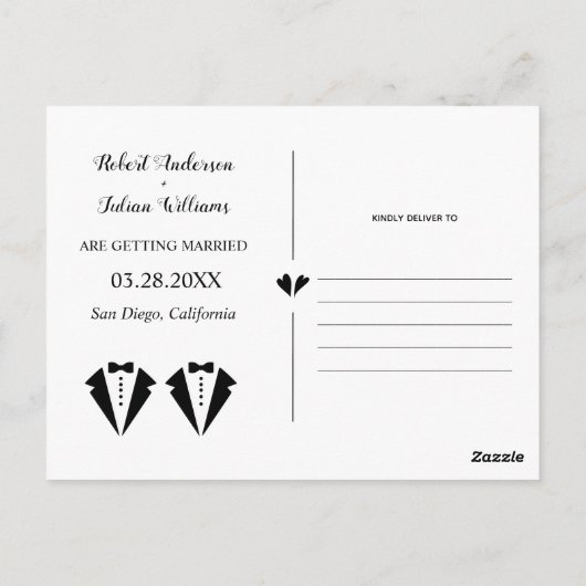 Modern black and white two photo gay Save the Date Briefkaart (Achterkant)