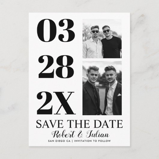 Modern black and white two photo gay Save the Date Briefkaart (Voorkant)