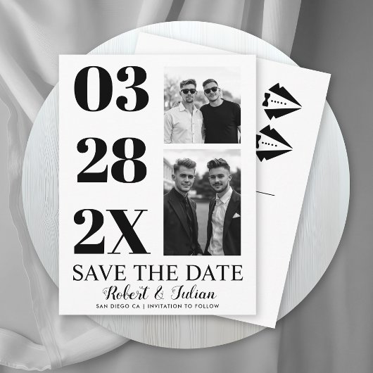 Modern black and white two photo gay Save the Date Briefkaart
