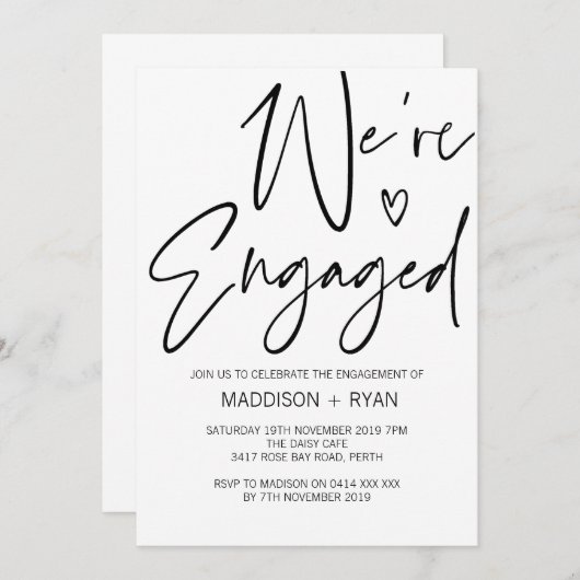 Modern Black and White Verloving Invitation Heart Kaart (Voorkant / Achterkant)
