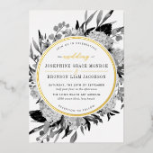Modern Black and White Waterverf Floral Wedding Folie Uitnodiging (Voorkant)