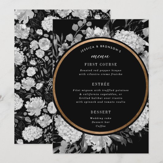 Modern Black and White Waterverf Floral Wedding Menu (Voorkant / Achterkant)