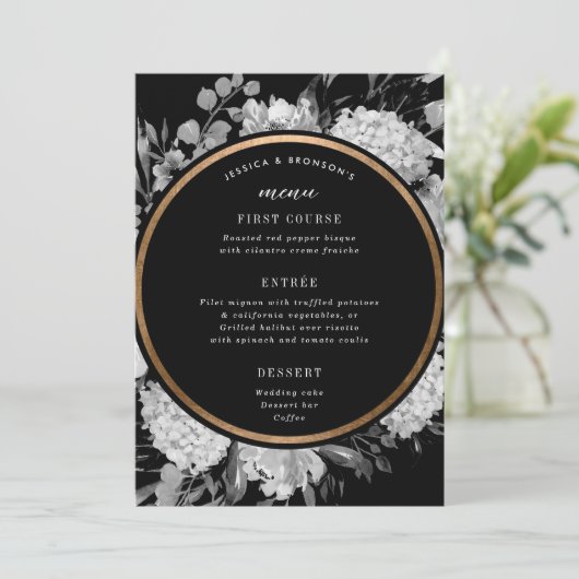 Modern Black and White Waterverf Floral Wedding Menu (Staand voorkant)