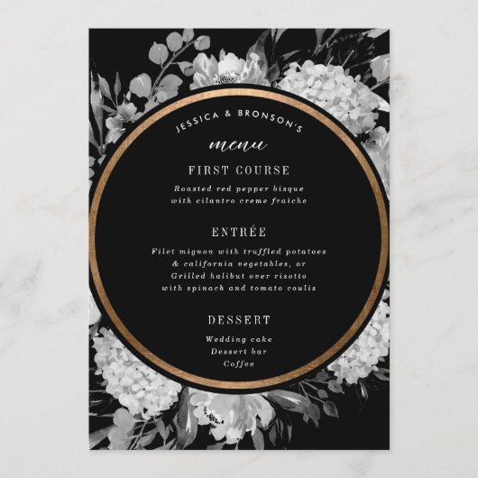 Modern Black and White Waterverf Floral Wedding Menu (Voorkant)